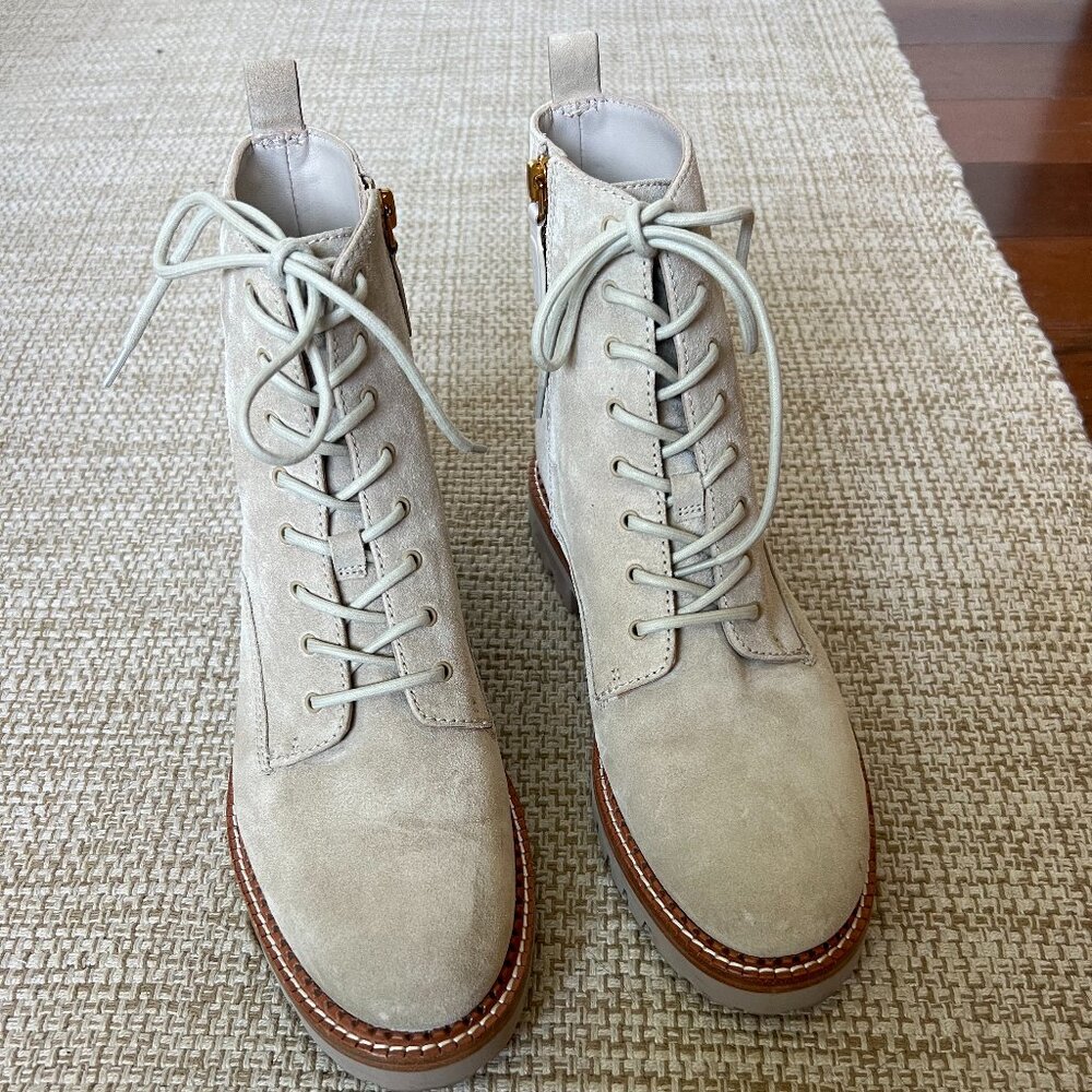 Vince Cream Suede Lace-Up Ankle Boots with Brown Trim